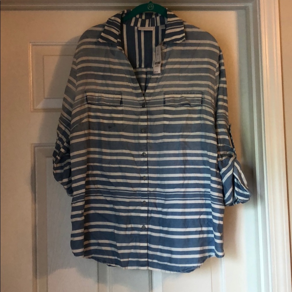 blue & white stripe roll sleeve button down shirt